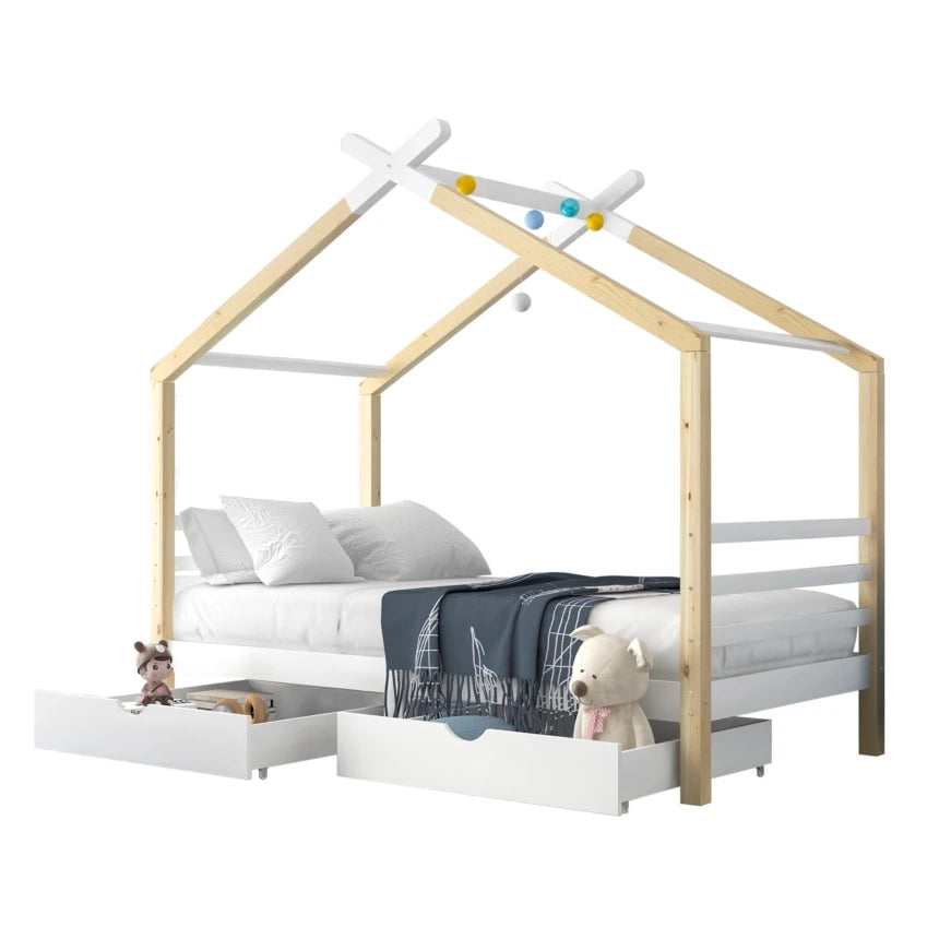 Letto Casetta 90x200 cm - con 2 Cassetti - in Legno Massello e MDF - Bianco