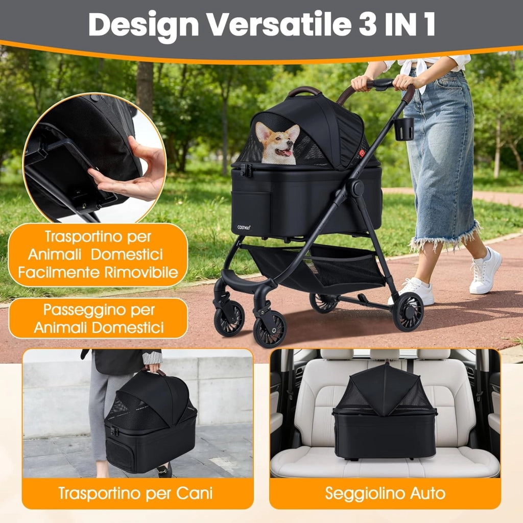 3-in-1 Passeggino per Cani, Carrozzina per Cani Rimovibile Fino a 15 kg con Tetto in Rete Regolabile, Cesto Portaoggetti e Cintura di Sicurezza, Passeggino Portatile per Cagnolino (Nero)