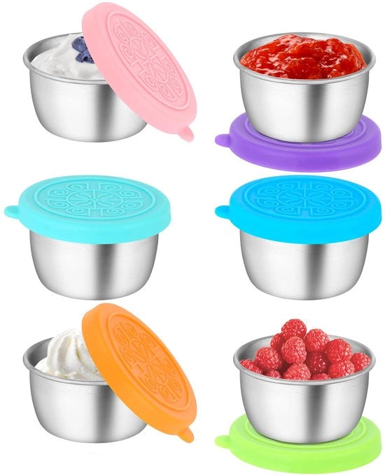 Set di 6 contenitori per salse, contenitori per salse in acciaio inossidabile con coperchi in silicone, contenitori per erbe in acciaio inossidabile da 50 ml, contenitori per cibi, contenitori per salse riutilizzabili, contenitori per salse mini.
