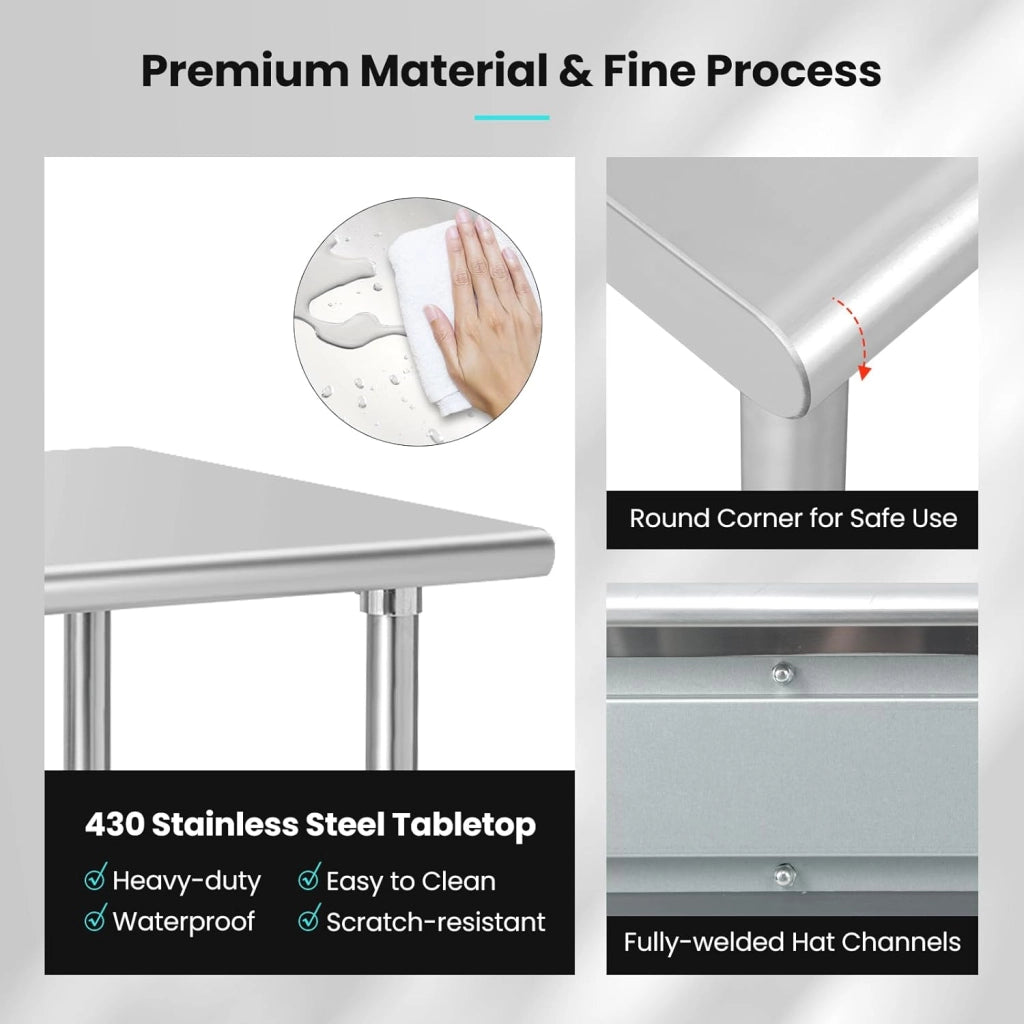 Tavolo in acciaio inox con ruote universali, carrello da lavoro con ampio piano e ripiano inferiore regolabile, tavolo di preparazione in metallo mobile per cucina, ristorante, NF88931ES