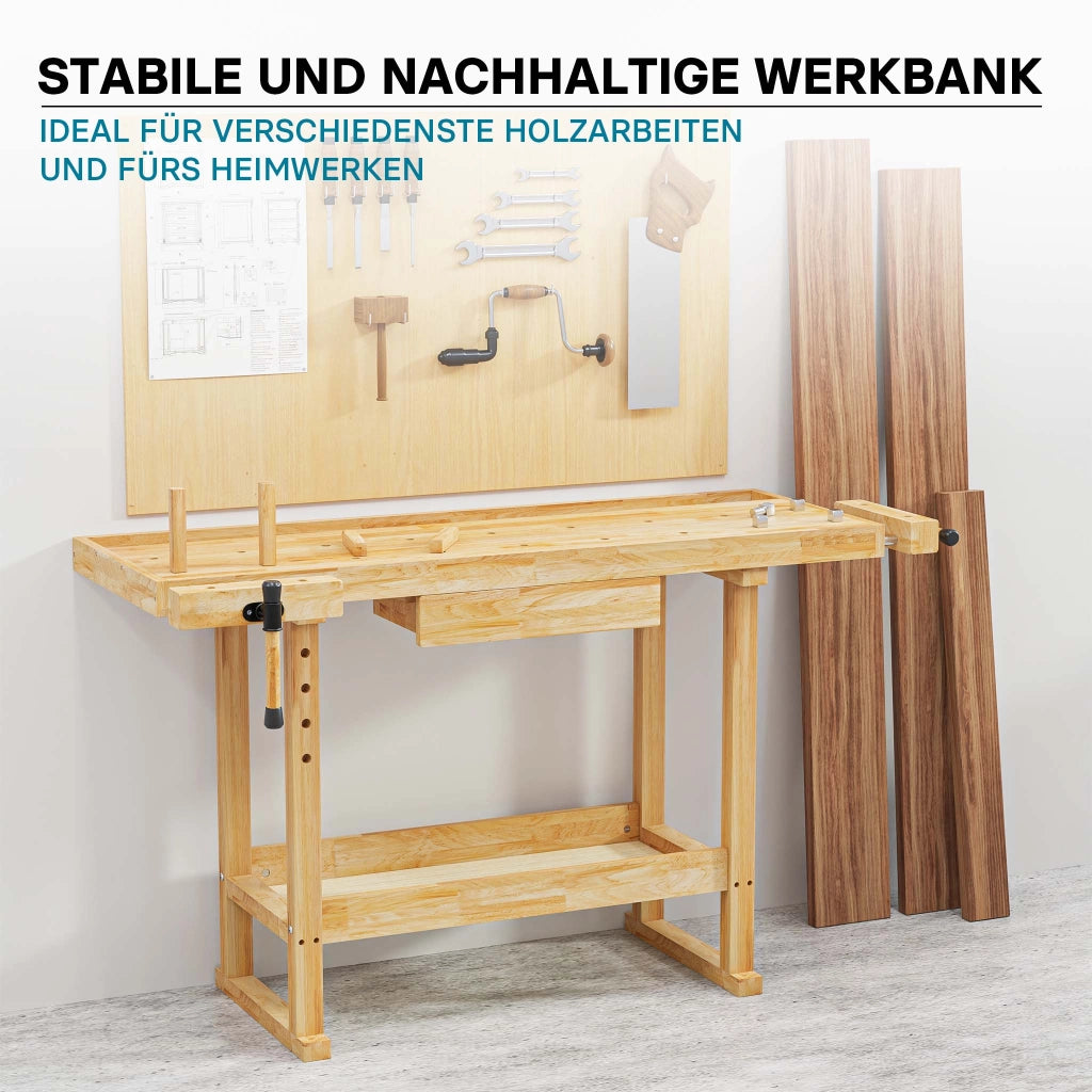 Banco da lavoro 145x49x86cm in legno (Rubberwood) ripiano e pinze di serraggio