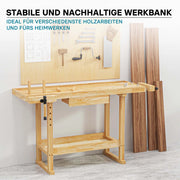 Banco da lavoro 145x49x86cm in legno (Rubberwood) ripiano e pinze di serraggio