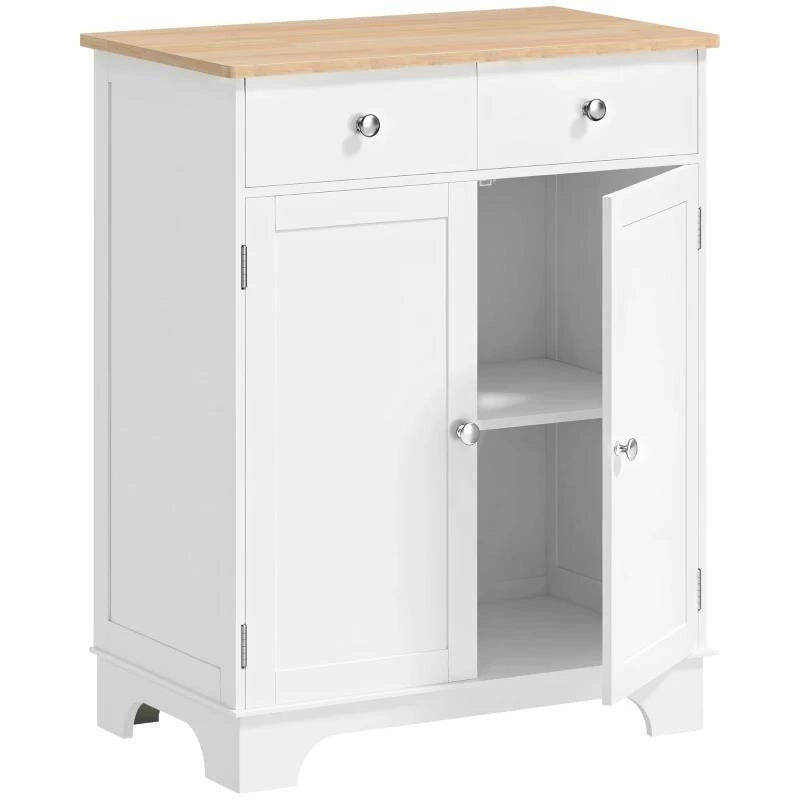CREDENZA BASSA CON ARMADIETTO 2 ANTE, RIPIANI REGOLABILI E 2 CASSETTI, BIANCO E LEGNO