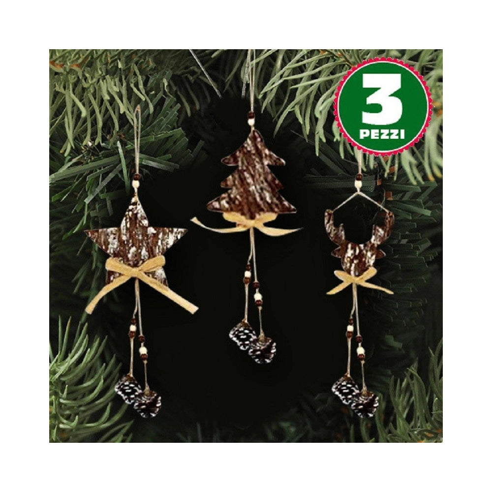 Trade Shop - 3 Appendini Natale Corteccia Legno Con Pigne Fiocco Stella Albero Alce -