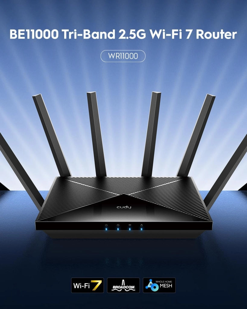 Router WiFi 7 BE11000 tri-band Cudy, 6 stream 10 Gbps, 4 porte 2,5G, fino a 11000 Mbps, server e client VPN, app Cudy e mesh, 6 antenne ad alto guadagno, WR11000