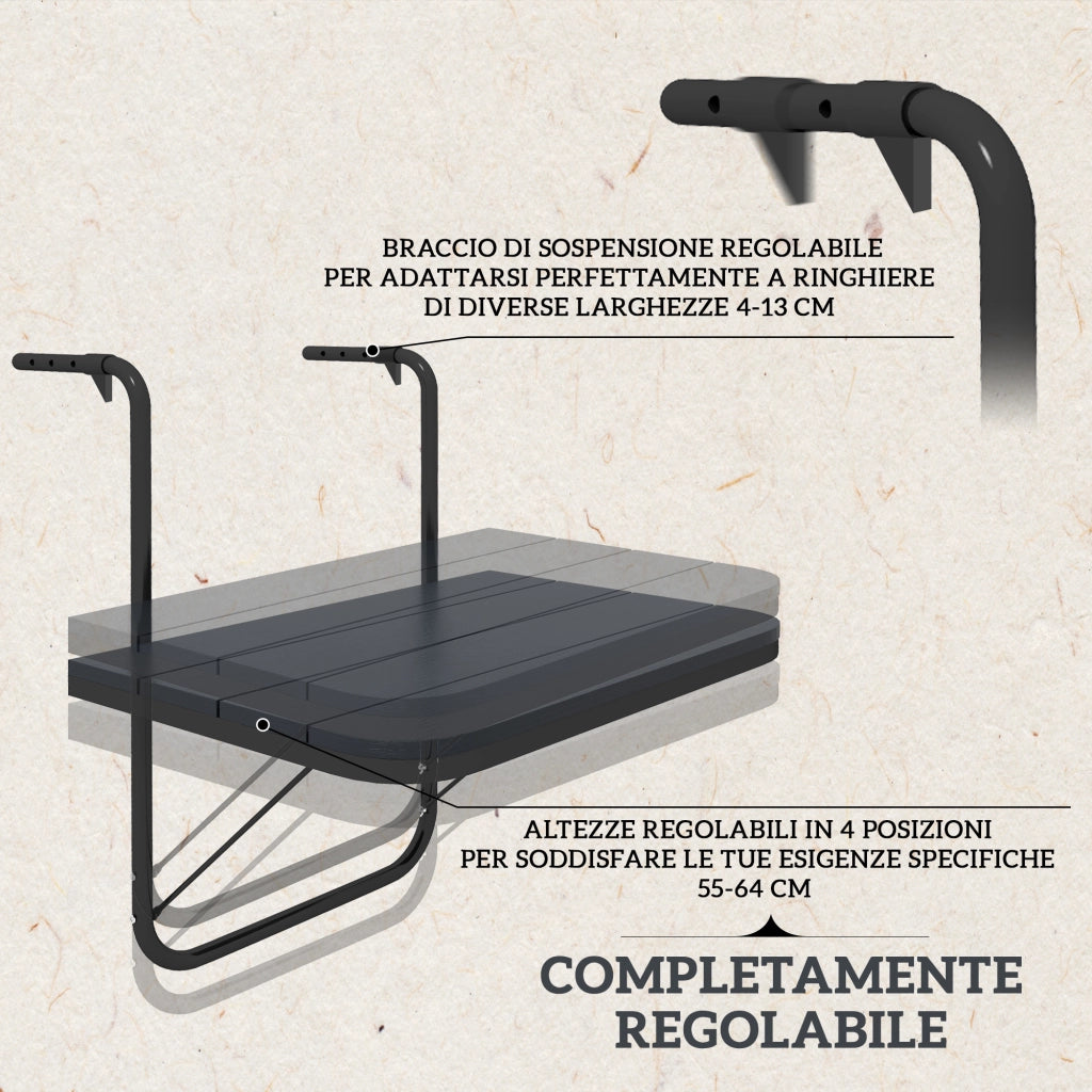 Tavolino da Balcone Pieghevole e Regolabile, in Alluminio e Legno Composito, 60x40x55-64 cm, Nero