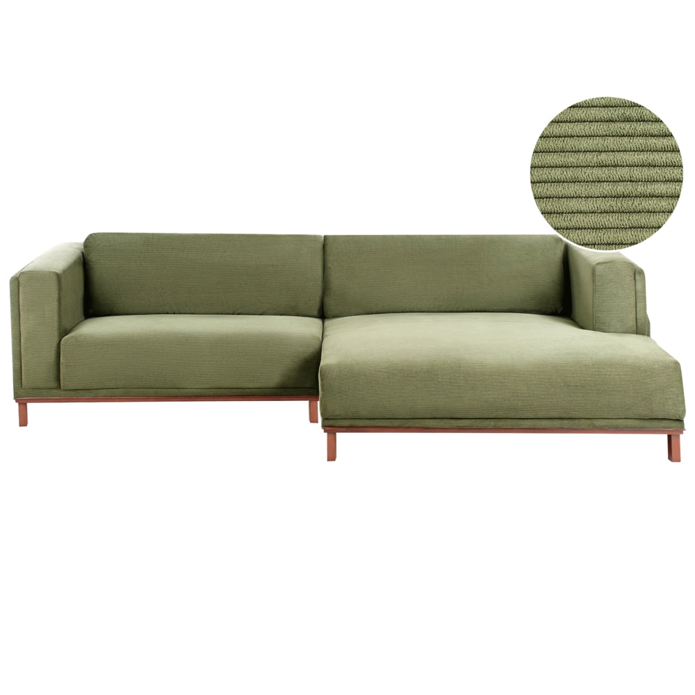 Divano angolare a sinistra Rivestimento velluto a coste verde Gambe in legno Spesso imbottito Mobili da salotto in stile moderno