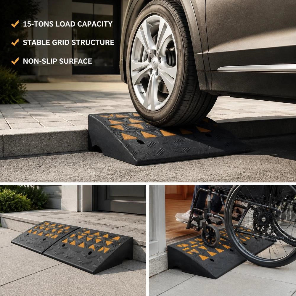 2x Solid Rubber Threshold Ramps, Door Threshold Ramps, Max. Load Capacity Up To 15 Tons, Curb Ramp, 49.1x37x15.2cm, Wheelchair Ramp, Access Ramp, Rubber Ramp, Suitable For Uneven Ground And Curbs