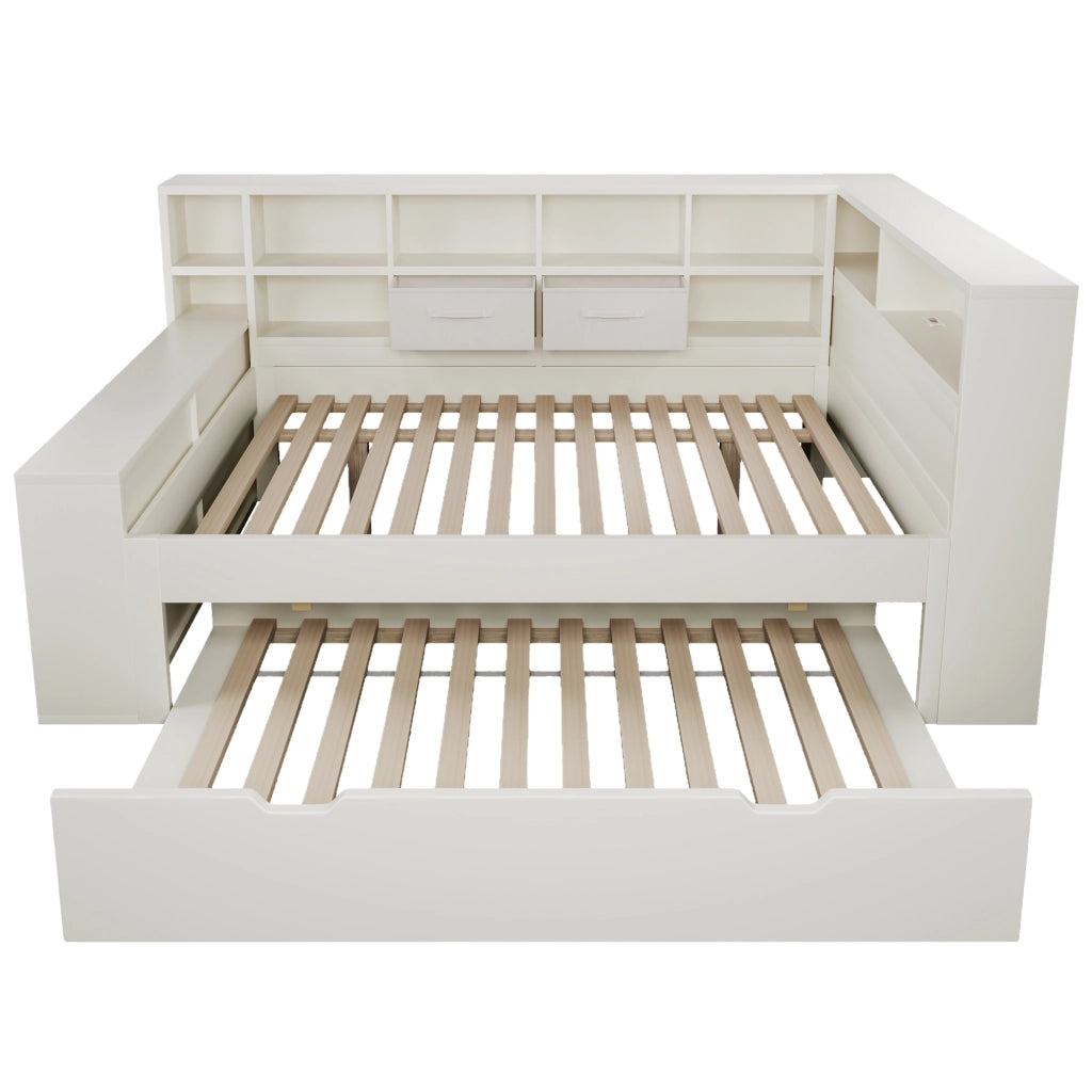 Letto estraibile matrimoniale 140×200 cm e 90×190 cm con 8 vani; USB e Type-C; senza materasso; legno; bianco