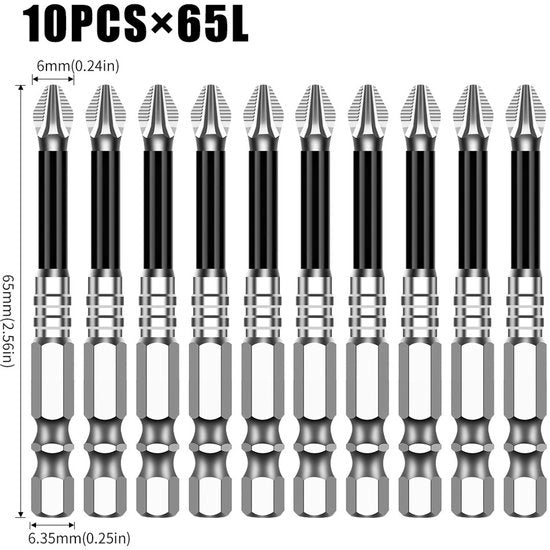Set di punte Phillips antiscivolo, durezza extra alta, alta durezza, resistente all'usura, per trapani elettrici, set di punte per trapani elettrici, confezione da 10 pezzi [65L]