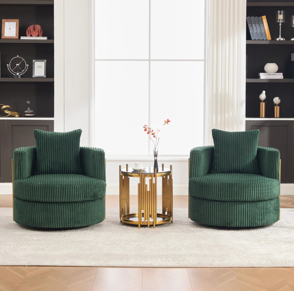 Poltrona girevole 360° in corduroy verde smeraldo con vano contenitore; 76x79x78 cm