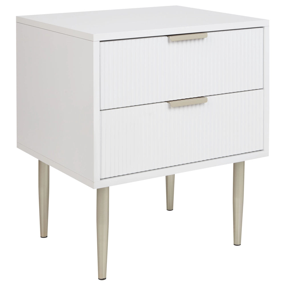Comodino MDF bianco con 2 cassetti portaoggetti Gambe in metallo classico elegante