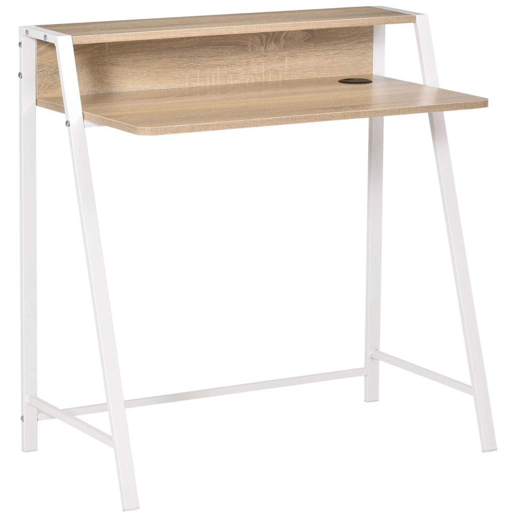 Scrivania moderna con vano portaoggetti e passacavi, struttura in metallo, bianco, 84 x 45 x 85 cm