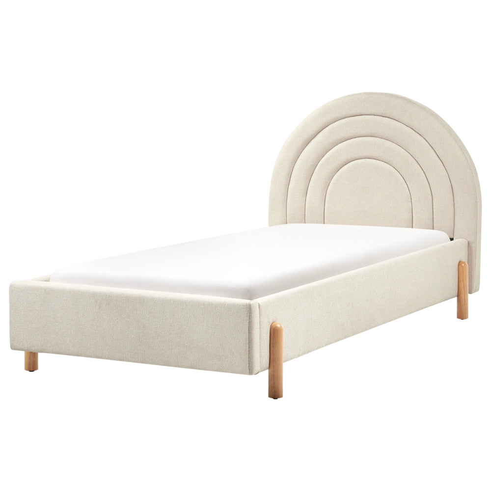 Letto singolo con testiera rotonda in tessuto beige chiaro con Base a doghe Gambe in legno con Testiera a Mezza Luna
