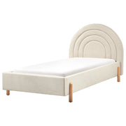 Letto singolo con testiera rotonda in tessuto beige chiaro con Base a doghe Gambe in legno con Testiera a Mezza Luna