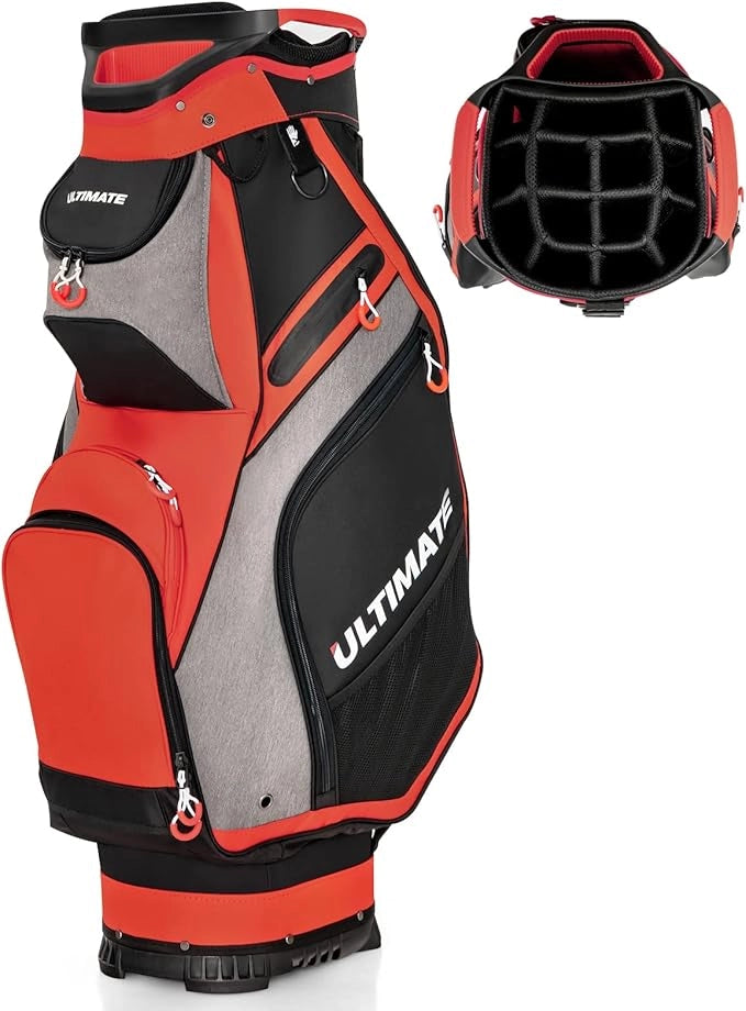 Borsa da Golf Portatile con 14 Divisori Superiori a Tutta Lunghezza, 7 Tasche con Cerniera, Cappuccio Antipioggia, Tracolla, Manico e Portaombrelli, Ideale per Uomini e Donne (Rosso e Grigio)