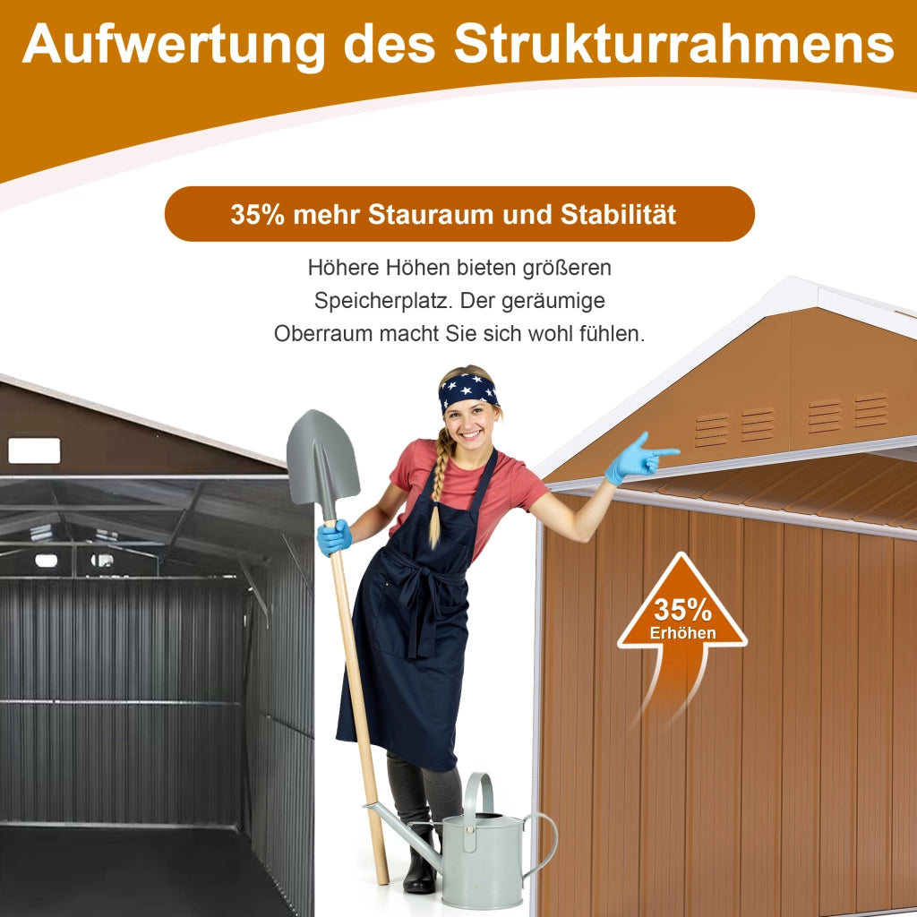 Armadio da giardino in acciaio con doppie porte scorrevoli, ventilazione e tetto a due falde marrone 296 × 233 × 194 cm