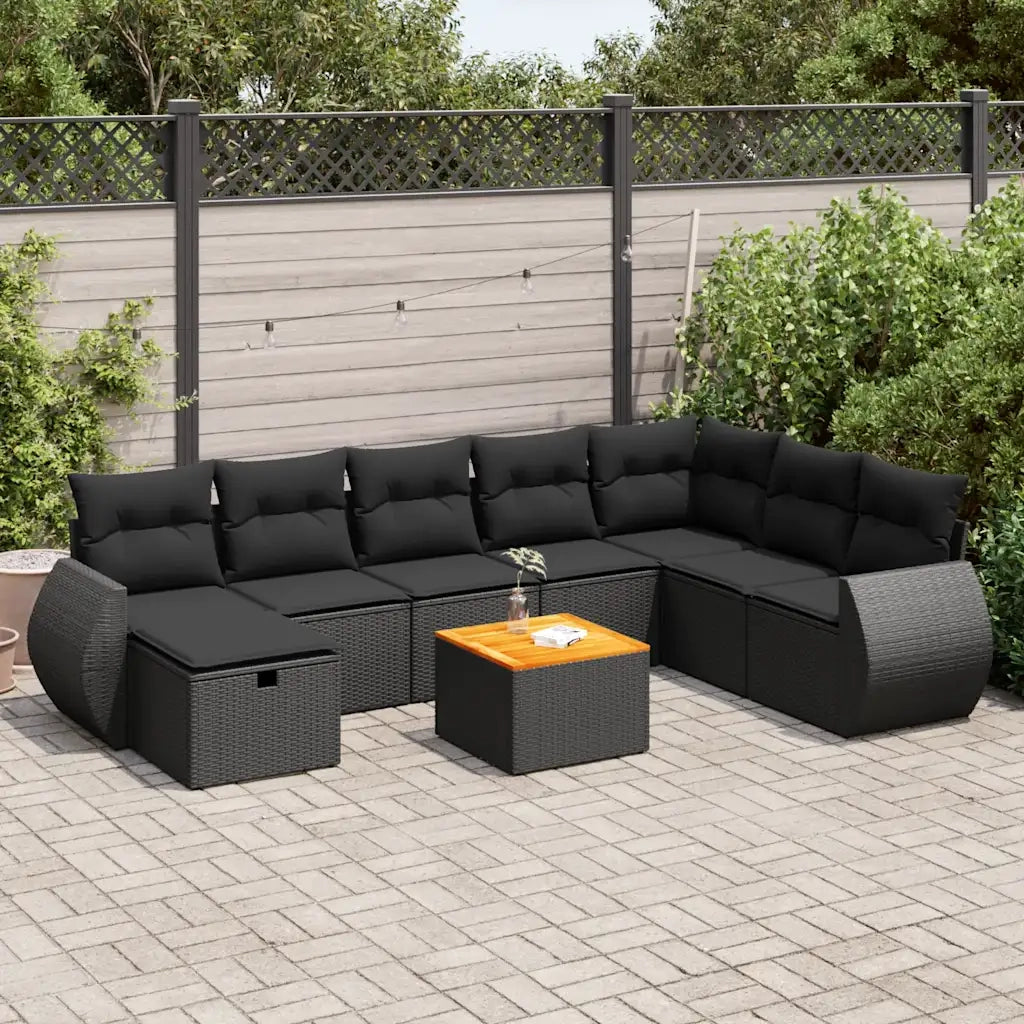Set Divani da Giardino 9 pz con Cuscini Nero in Polyrattan 3325856