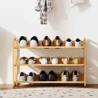 Scaffale Scarpiera a 3 Livelli per 12 Scarpe con Ripiani a Doghe in Bambù, 76x33x50.8 cm, Colore Legno