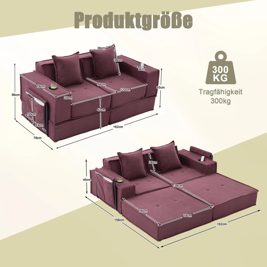Pouf modulare con tasche laterali cuscini e seduta ergonomica in velluto a coste rosso vino 162 × 78 × 66 cm