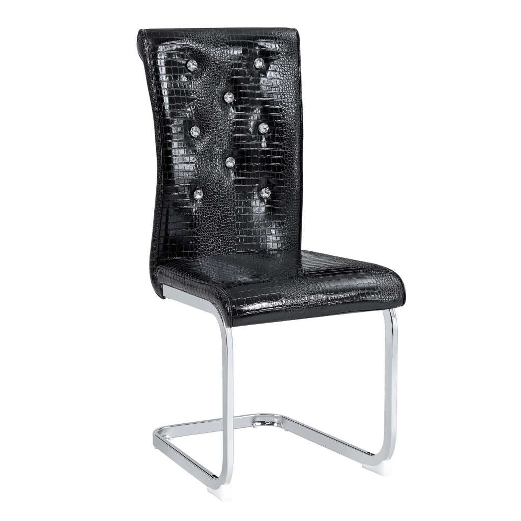 Sedia da pranzo in PVC effetto coccodrillo nera con struttura in metallo cromato e dettagli cristallo