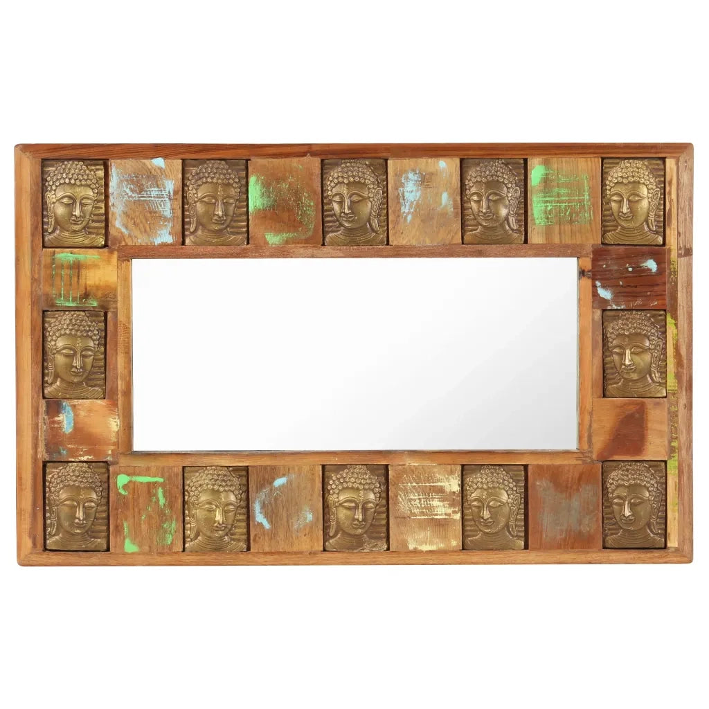 Specchio Decorato con Buddha 80x50cm Legno Massello di Recupero