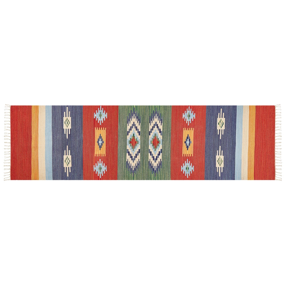 Tappeto Kilim in cotone tessuto a mano reversibile con motivi geometrici e nappe multicolore 80 x 300 cm soggiorno camera da letto