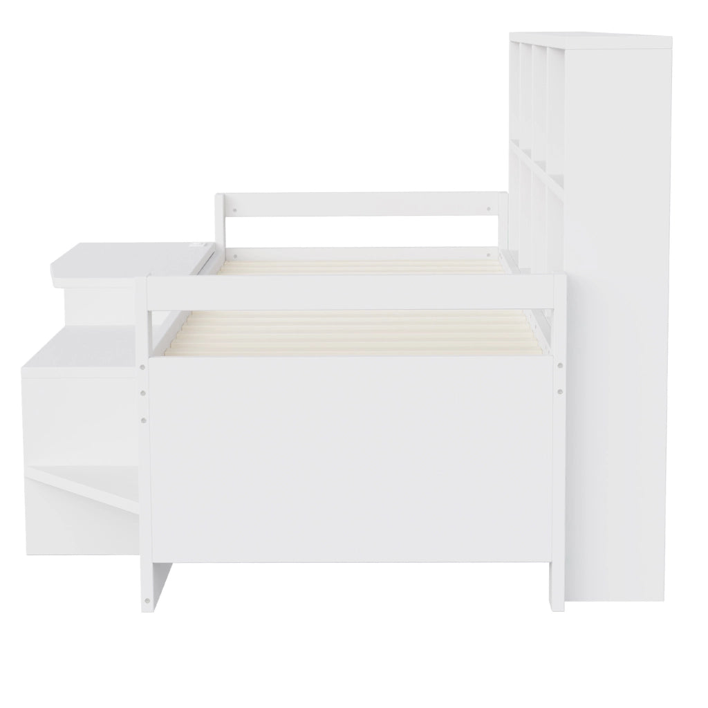 Letto multifunzione 90x200 cm con scrivania; vani portaoggetti; LED e prese USB; bianco