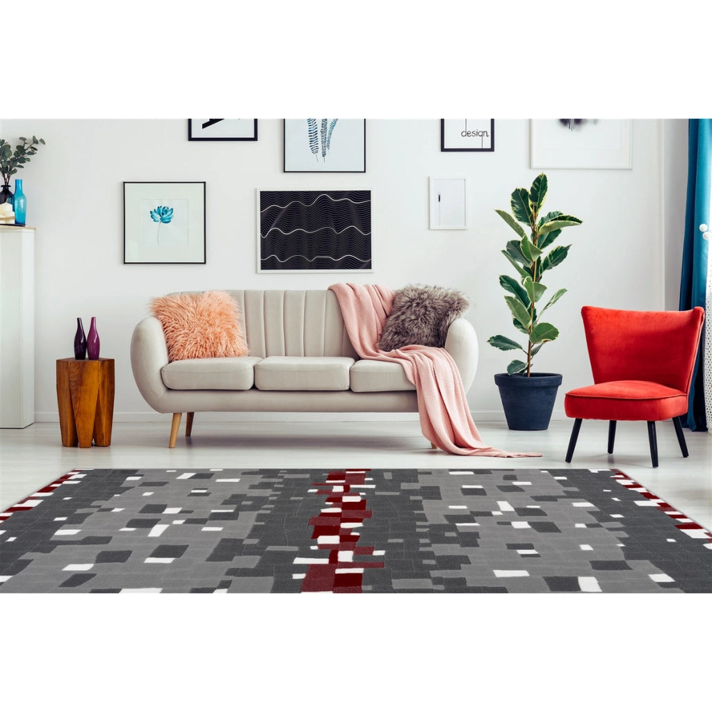 Tappeto moderno Vancouver 200 con motivo geometrico rosso e grigio