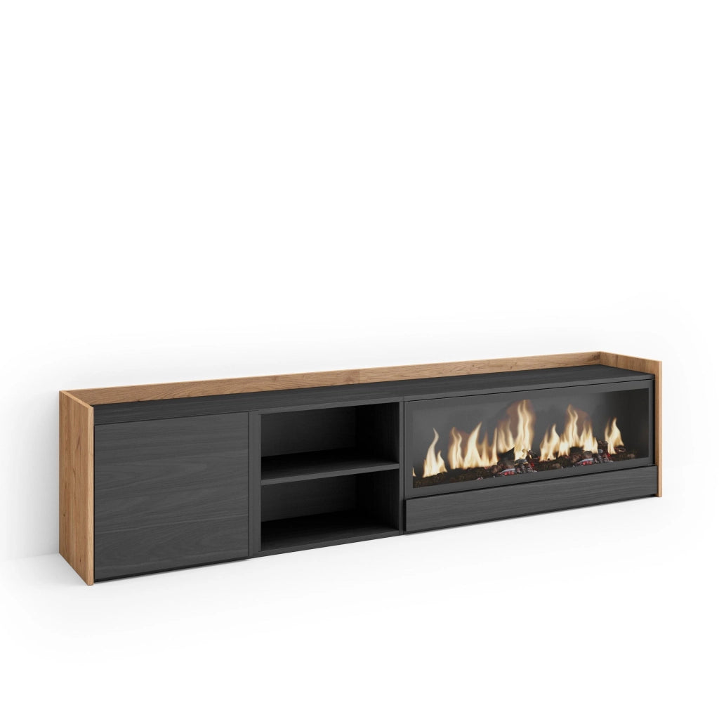 Mobile TV Soggiorno, 212x50x35 cm, Per TV fino a 80", Camino elettrico XXL, Nero e rovere