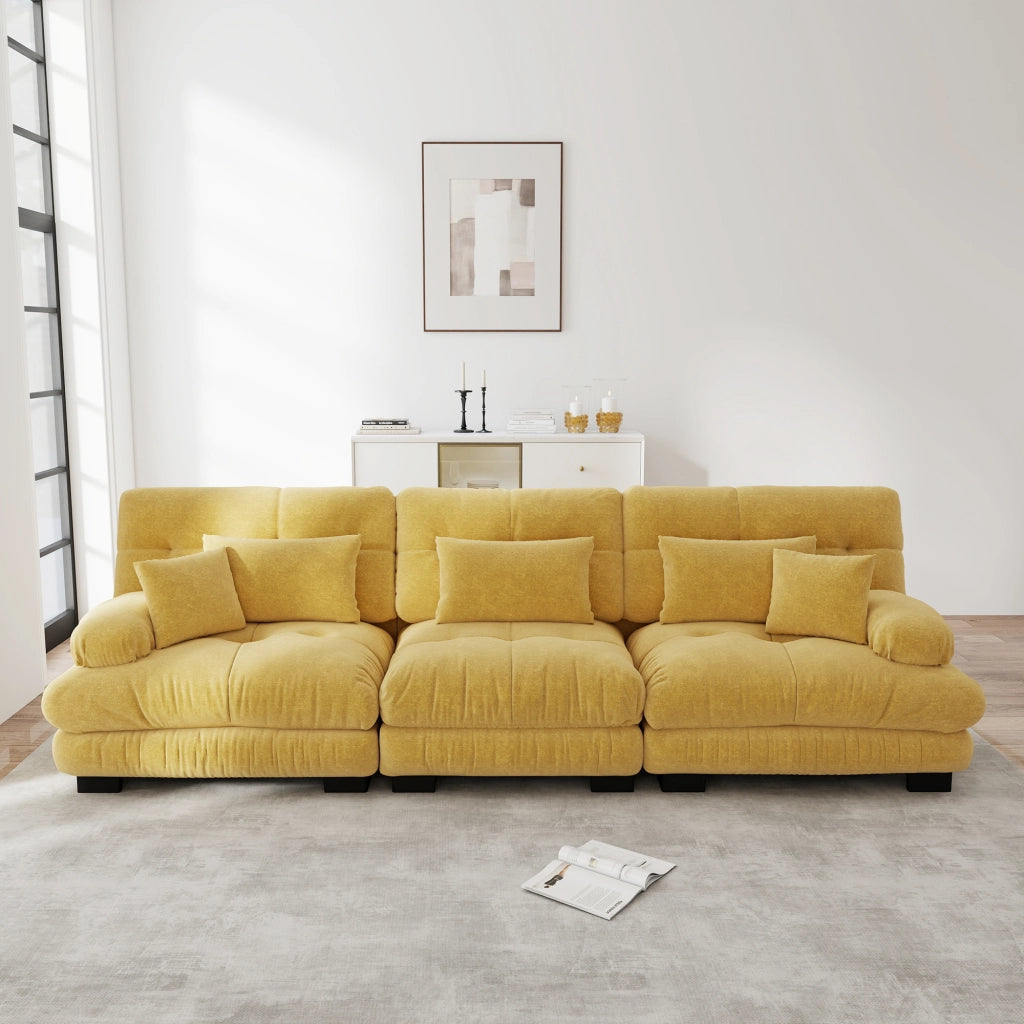 Divano angolare modulare a 3 posti con seduta profonda e cuscini in chenille gialla 313.0 × 77.0 × 81.0 cm
