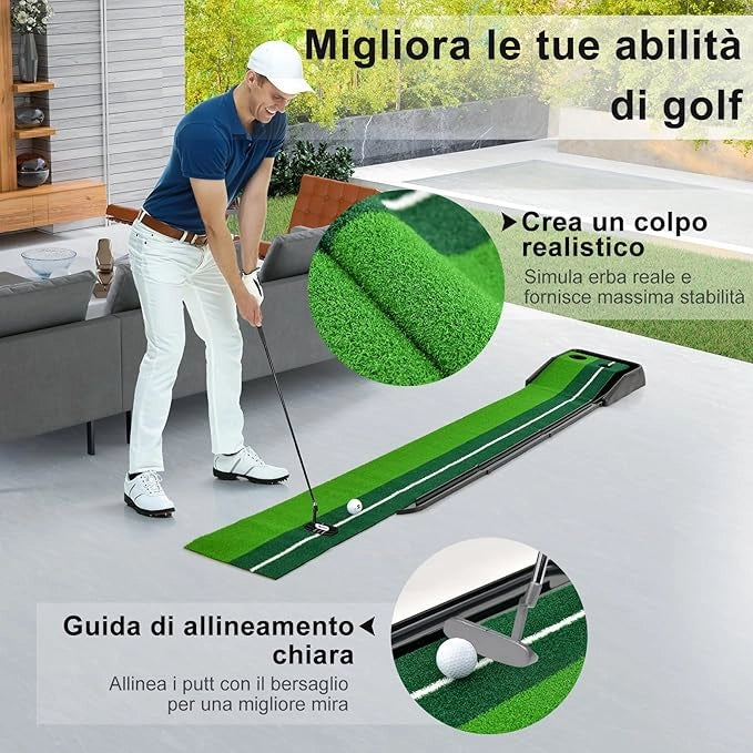 Tappetino da Golf per Interni ed Esterni, Tappetino per Putting Green con Ritorno Automatico della Palla e 1/2/3 Dimensioni di Buche per Allenarsi a Casa o in Ufficio