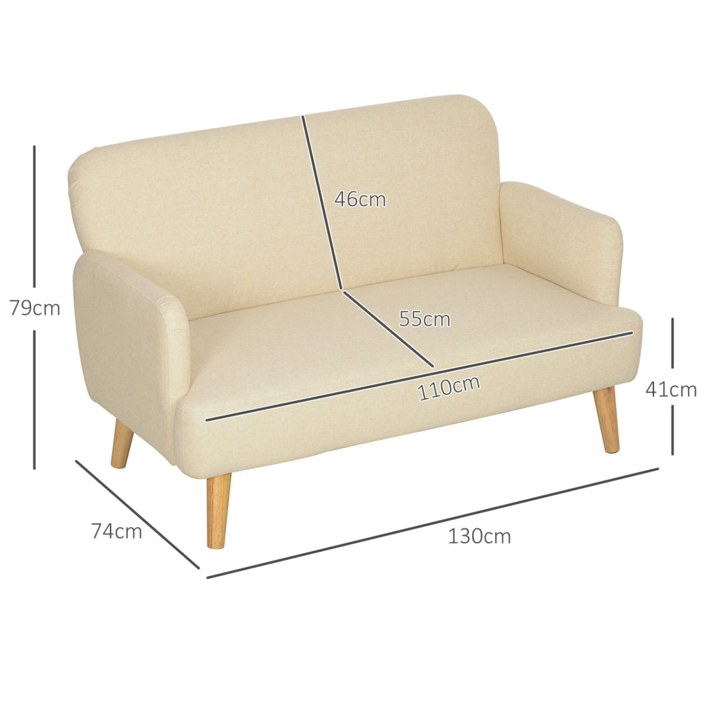 Divano compatto a due posti in velluto color crema con gambe in legno