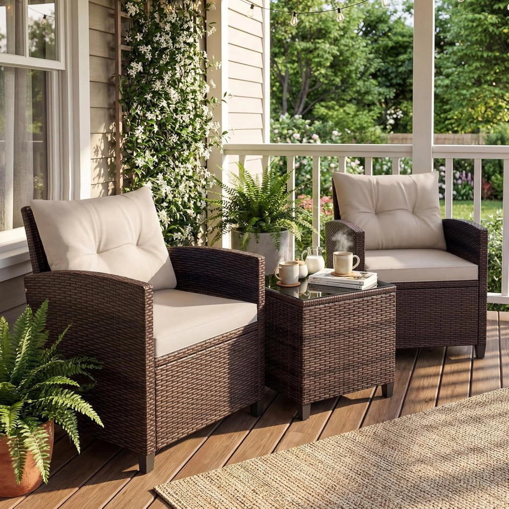 Set di Mobili da Giardino, in Rattan, 3 Pezzi Mobiletti, 1 Tavolino + 2 Poltrone, Salottino da Esterno, con Cuscini per Balcone, Giardino, Cortile, Terrazza, 3 Colori (Bianco)