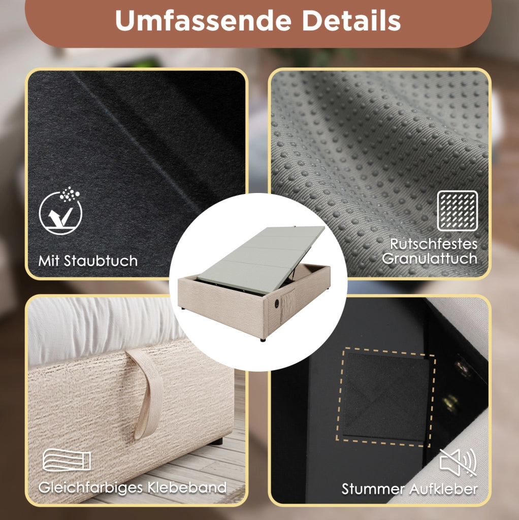 Letto imbottito con contenitore 90x200 cm in lino naturale; struttura con USB e Type-C
