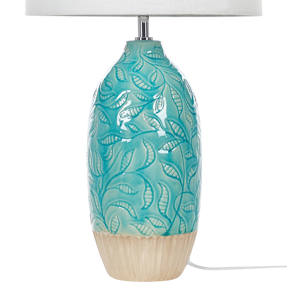 Lampada da Tavolo Turchese Ceramica Base Decorata Paralume in Tessuto Bianco Boho Rustic Design Home Illuminazione