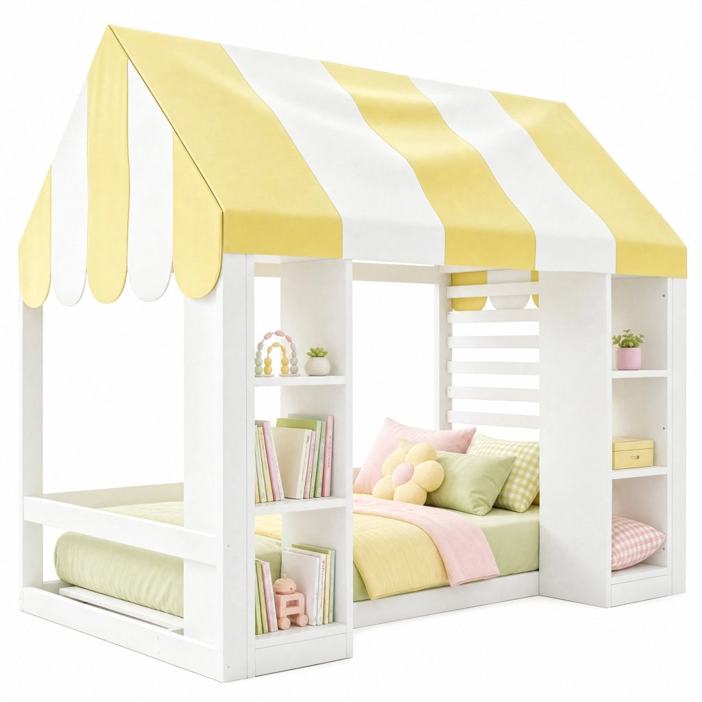 Letto per Bambini 90x200 cm con Baldacchino; 2 Scomparti Aperti in Legno Bianco