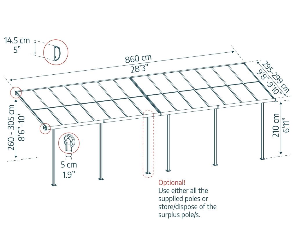 Canopia Sierra Cabrio Pergola Addossata in Alluminio 3X8.6 m Struttura grigia / Pannelli grigio opaco