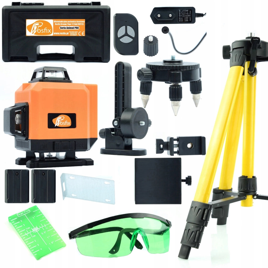 Livella Laser Rosfix Orange Tiger ROT12L – 12 Linee, Set con Treppiede 43-120cm, Occhiali Protettivi, Targa Verde