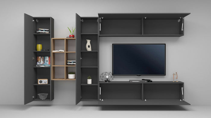 Parete attrezzata sospesa grigia con mobile TV libreria 2 armadi Sid RT