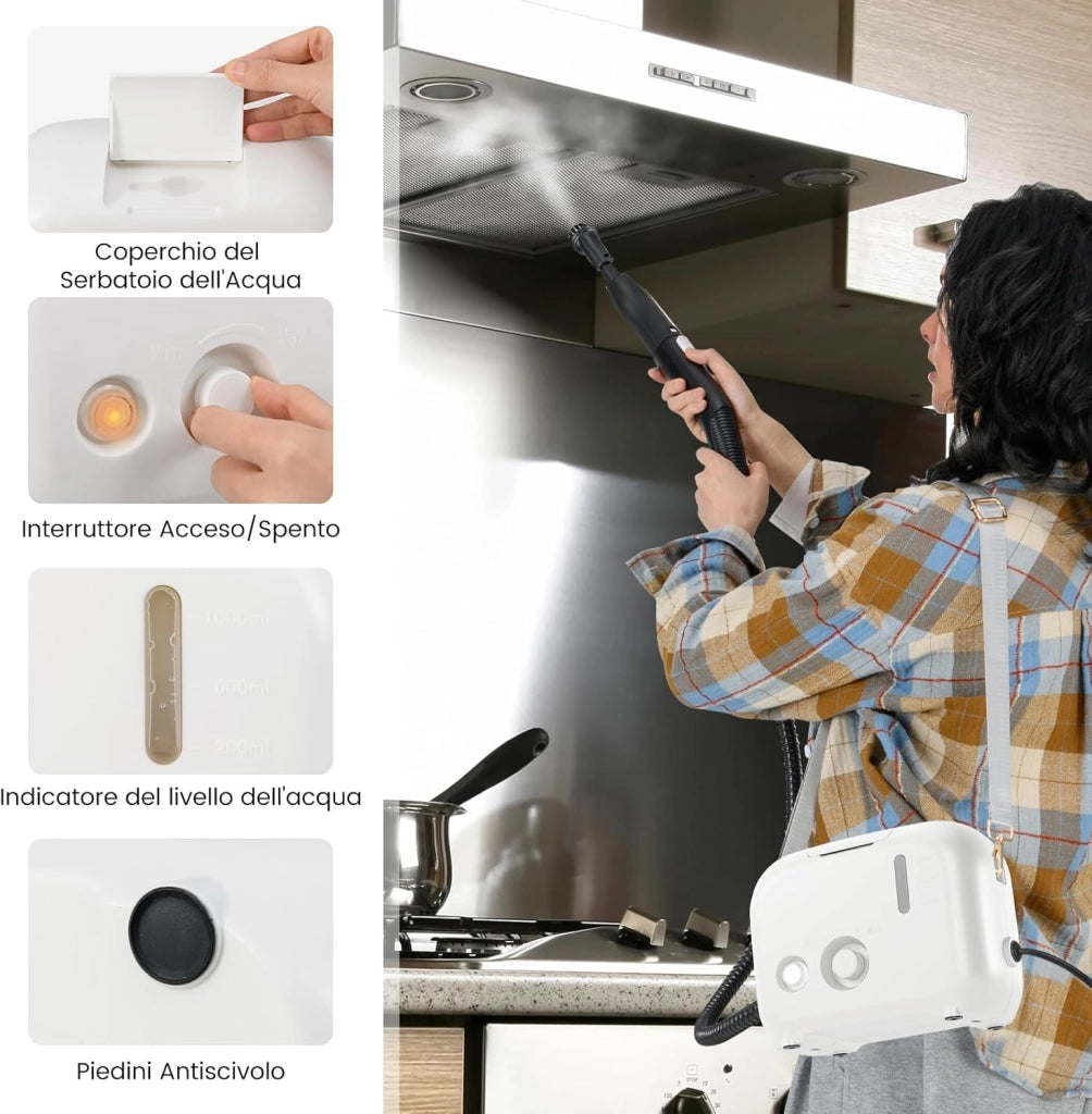 1600W Pulitore a Vapore Portatile, Vaporizzatore Domestico con Serbatoio d'Acqua 1 L (Sostenibile), Tempo Riscaldamento 10s, Macchina per Pulizia a Vapore Multiuso (Bianco)