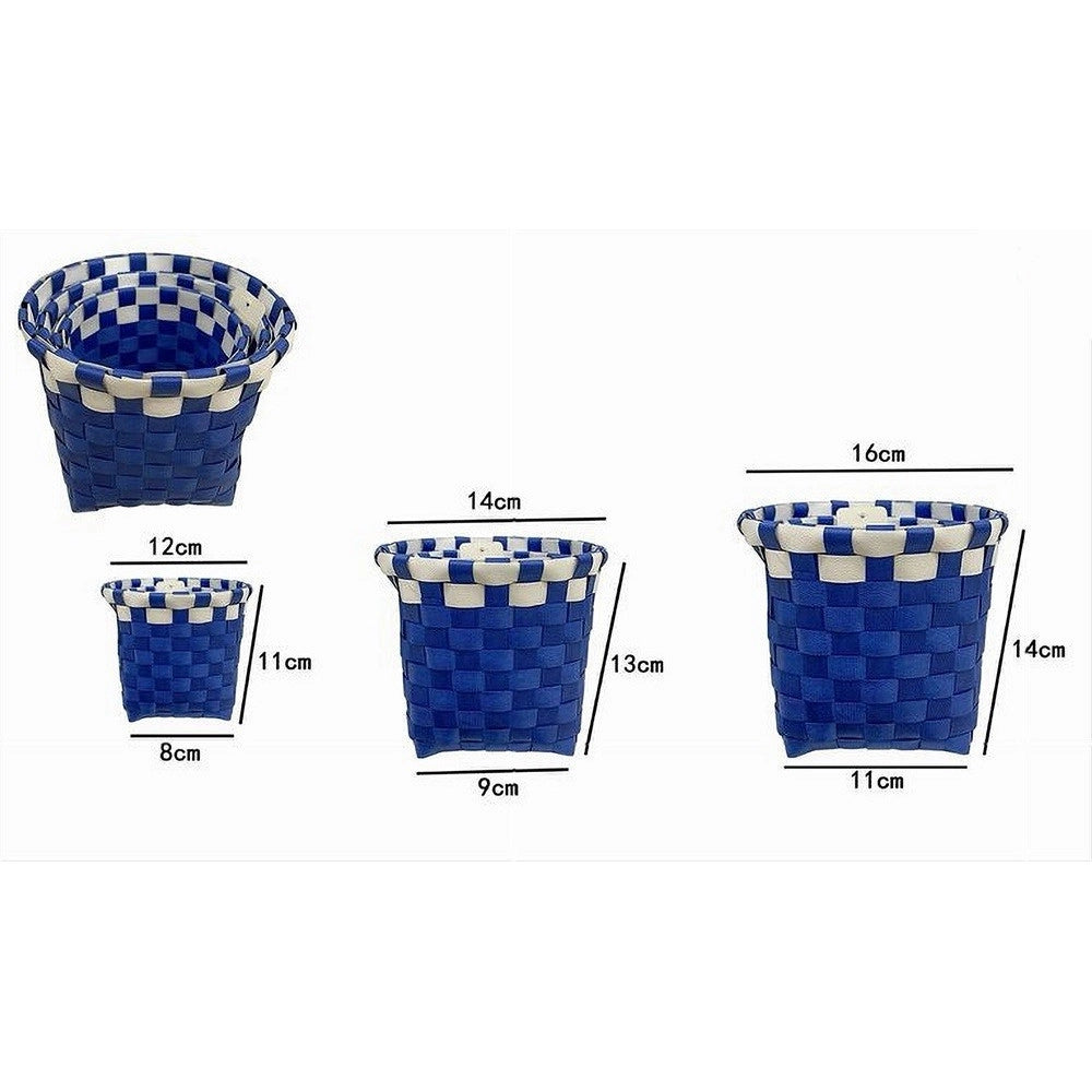 Trade Shop - Set 3 Pz Cestini Porta Oggetti Organizer Tessuto Bagno Rotondi Blu Bianco 59076 -