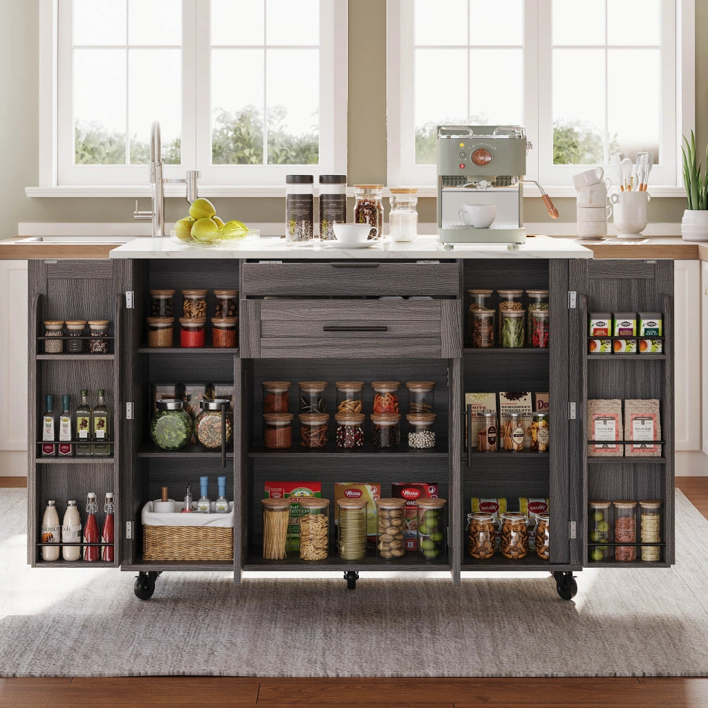 Isola da Cucina Mobile 136x45/70x92 cm Grigia e Legno con Piano Ribaltabile, Cassetti e 5 Ruote