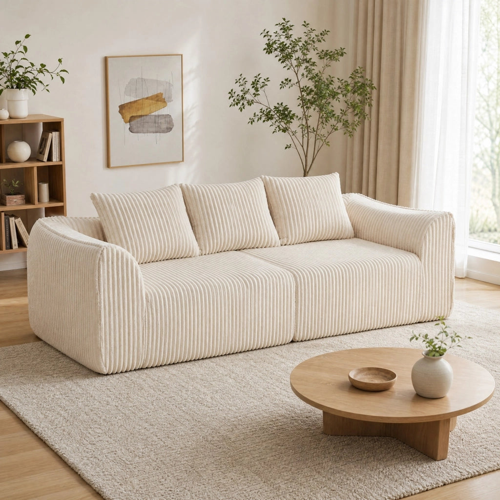 Divano modulare in velluto a coste beige con schienale e braccioli curvi senza montaggio