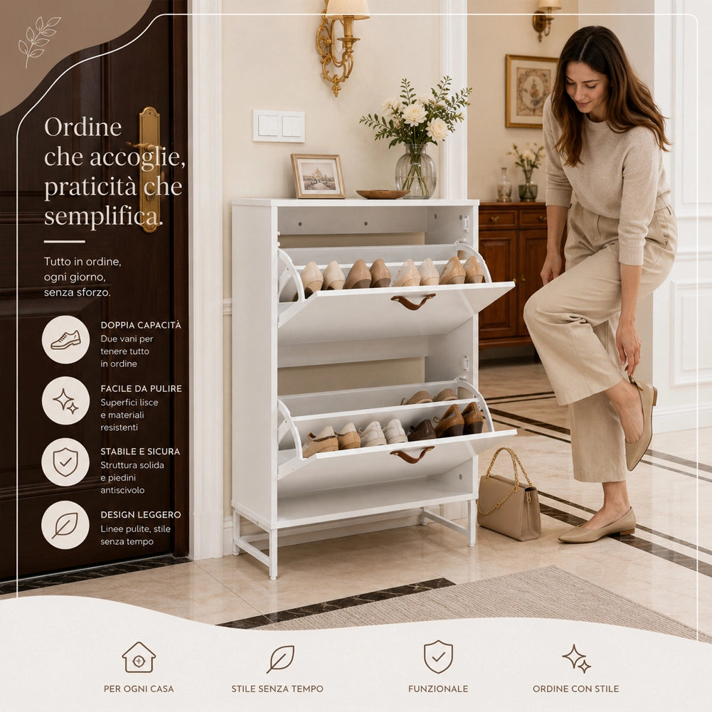 Scarpiera 2 Ante 63x24x90 cm Mobile per Scarpe Salvaspazio con Maniglie Bianco