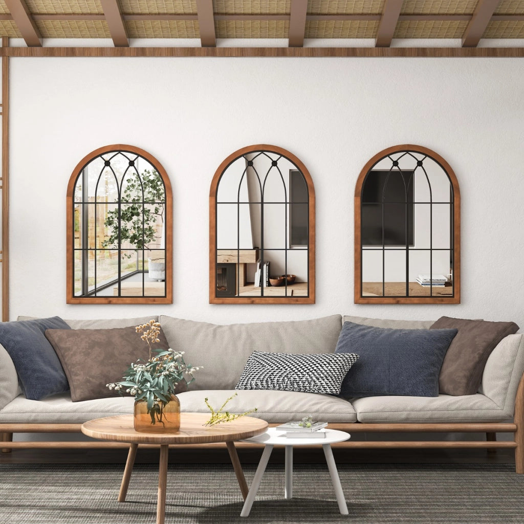 Specchio finestra ad arco 60x90cm, Specchio da parete con cornice in legno di abete pannello posteriore Naturale-Specchi da parete