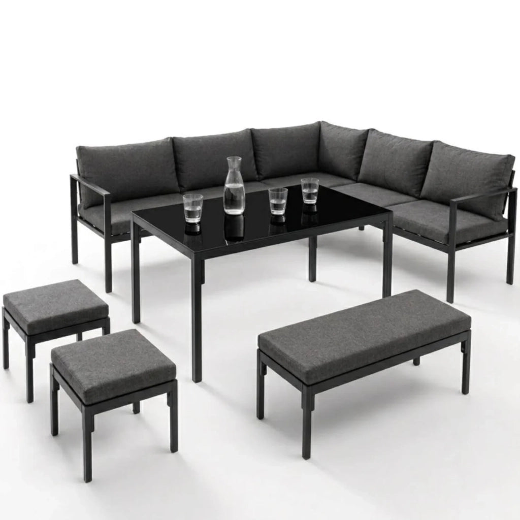 IDMarket - Set da giardino per pranzi NAYLA da 8 posti, angolare, in metallo con cuscini grigi, composto da tavolo da pranzo, divano angola