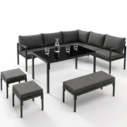 IDMarket - Set da giardino per pranzi NAYLA da 8 posti, angolare, in metallo con cuscini grigi, composto da tavolo da pranzo, divano angola