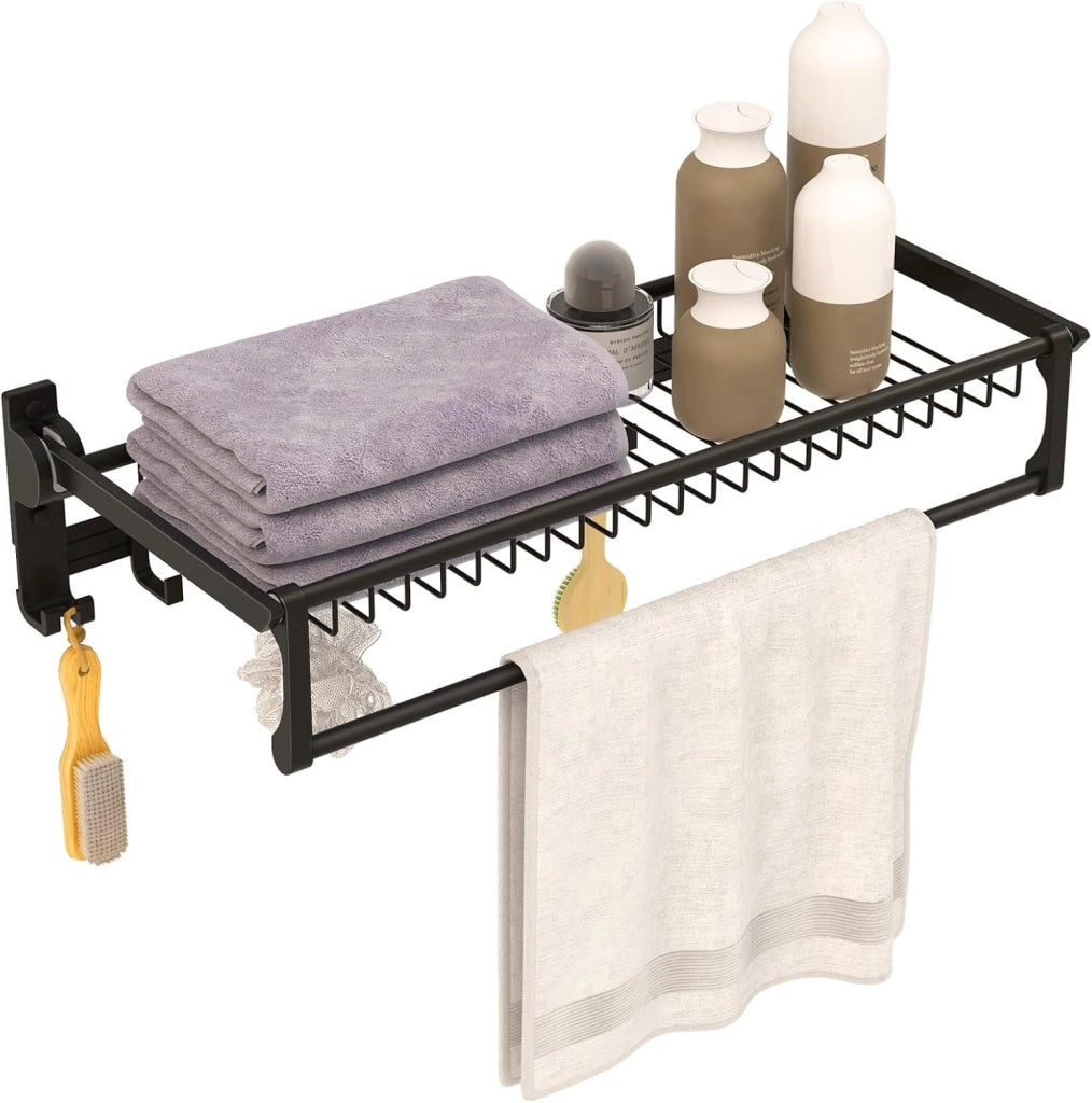 Portasciugamani Pieghevole per Bagno, Mensola Portasciugamani da Parete con Asta Regolabile e Ganci Mobili, Antiruggine e Impermeabile, Nessun Montaggio Richiesto, 59,5x26x14 cm