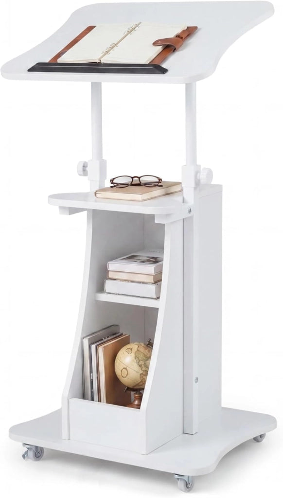 KOMFOTTEU Tavolino da Laptop Regolabile in Altezza 72-112cm con Ruote Universali, Piano Reclinabile, Ripiano Aperto e 2 Vani Portaoggetti, Scrivania per Computer Porta PC per Aula, Ufficio